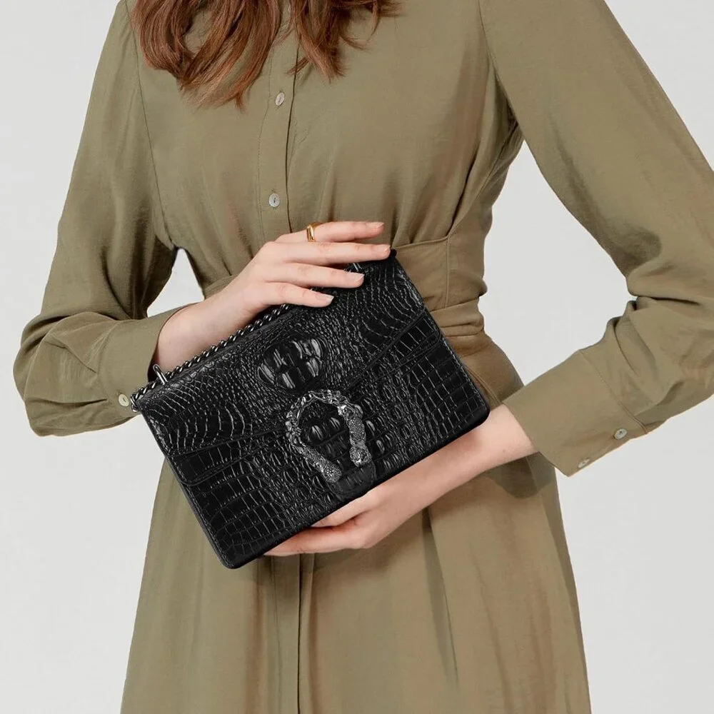 ⚡ Women's Crocodile Black Snake Leather Print Casual Satchel Crossbody Handbag